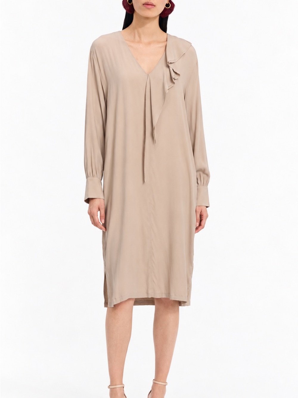 Aglini Women's V-Neck Long Sleeve Ruffle Detail Midi Dress - Beige